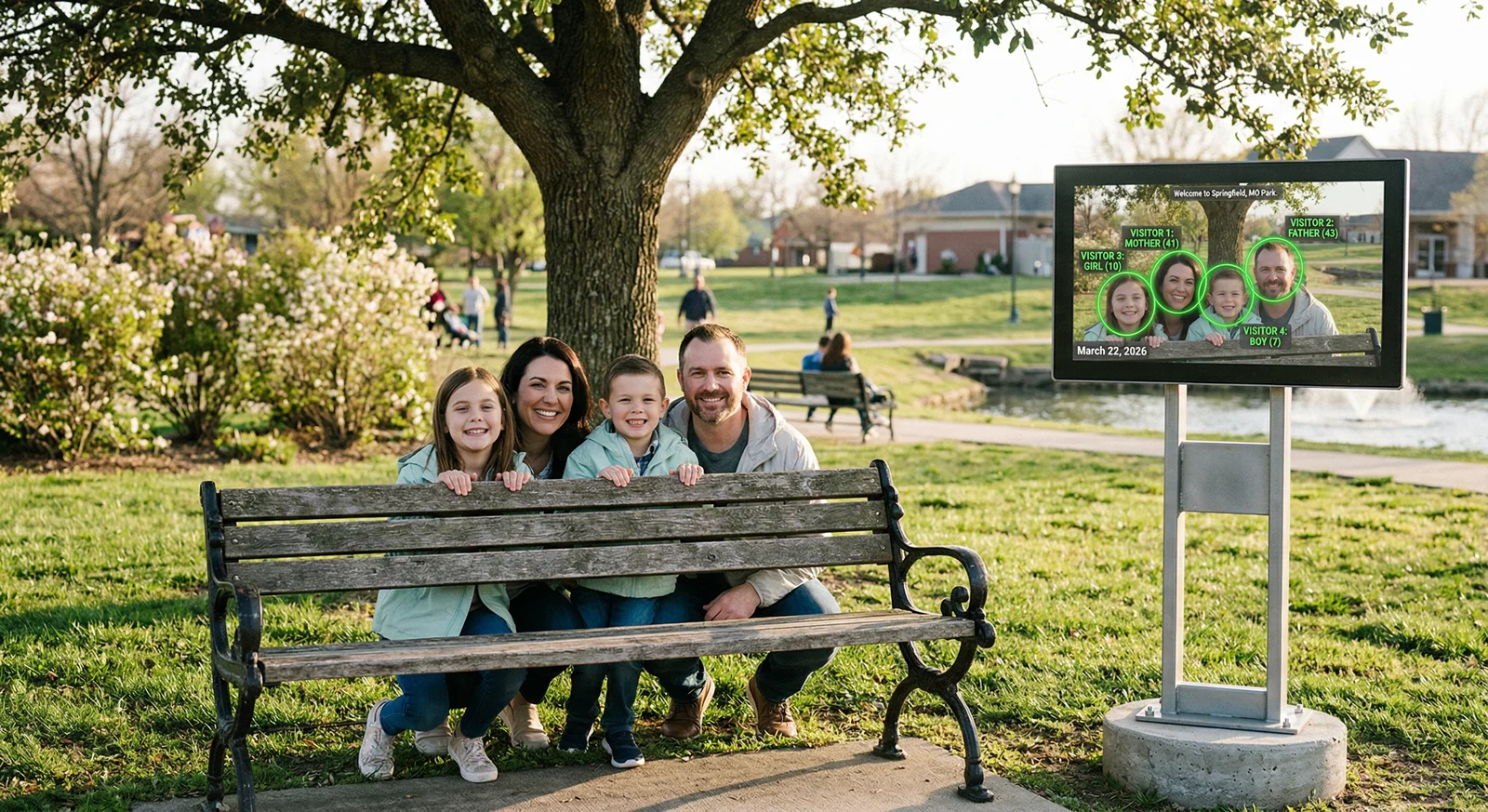 A smiling family crouching behind a park bench, their faces circled by augmented reality overlays on a nearby screen