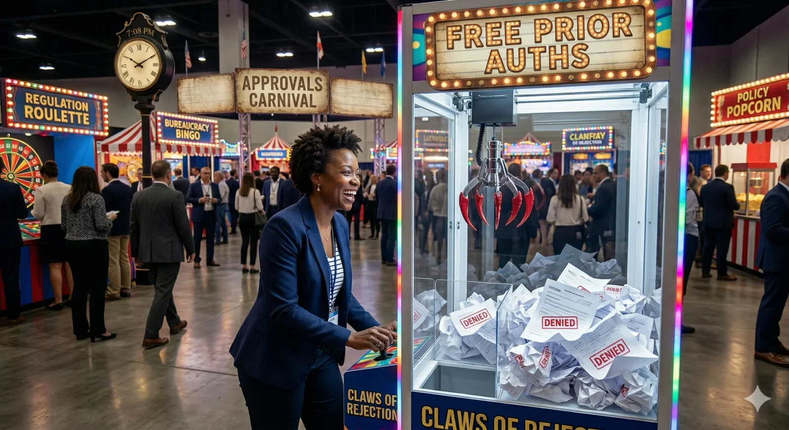 A brightly lit carnival midway on a convention floor, a woman in a blazer playing a claw machine filled with crumpled forms