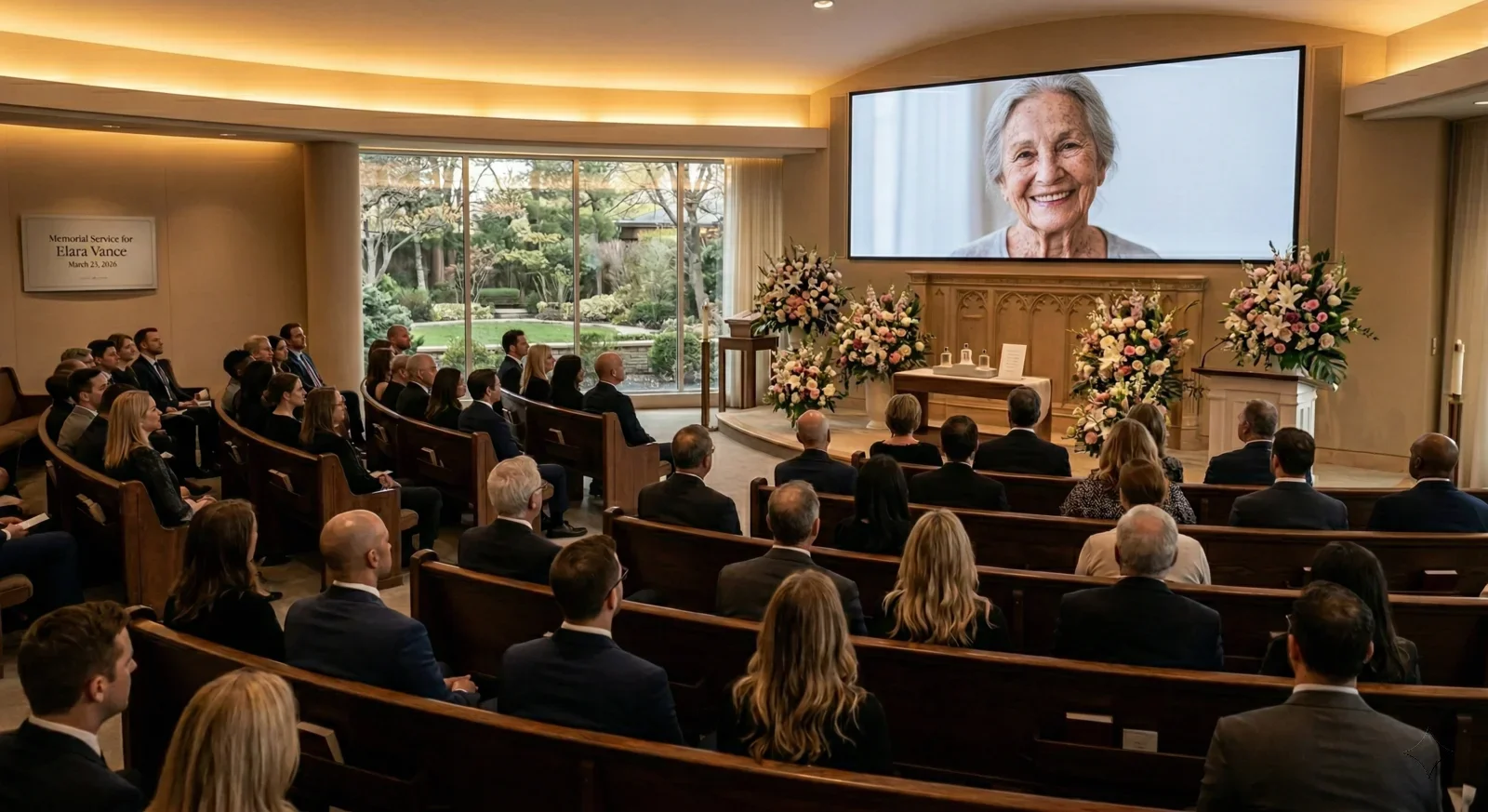A tastefully decorated memorial venue with a large screen showing a warm, smiling face, mourners seated in soft lighting