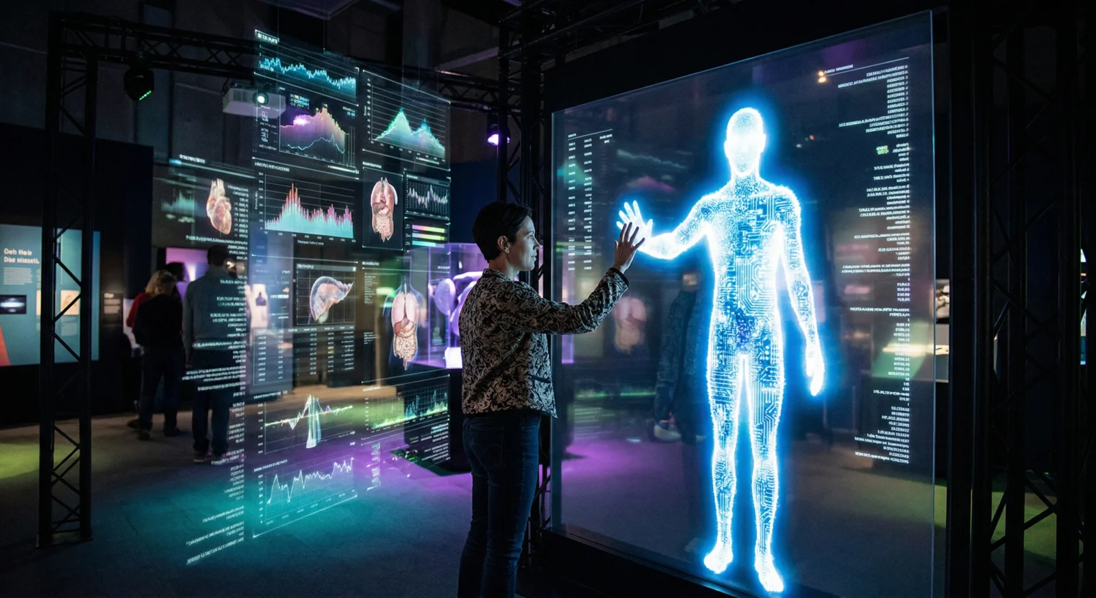A darkened room filled with translucent data visualizations, a visitor reaching toward a glowing human-shaped silhouette that mirrors their exact pose