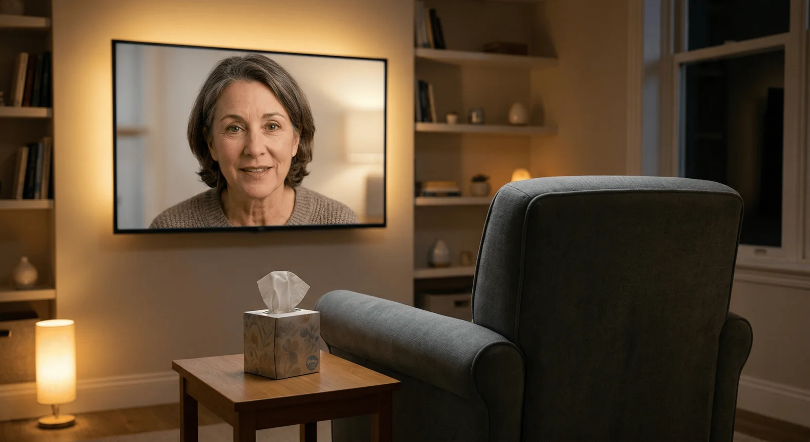A softly lit room with a single chair facing a large screen displaying a warm, empathetic face