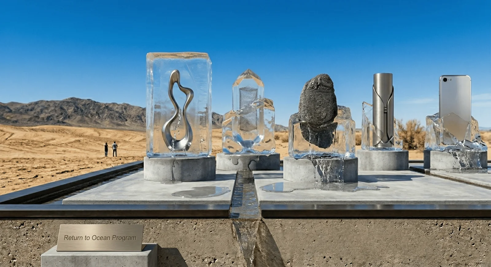 Translucent ice sculptures melting in harsh desert sunlight, branded objects visible inside the ice