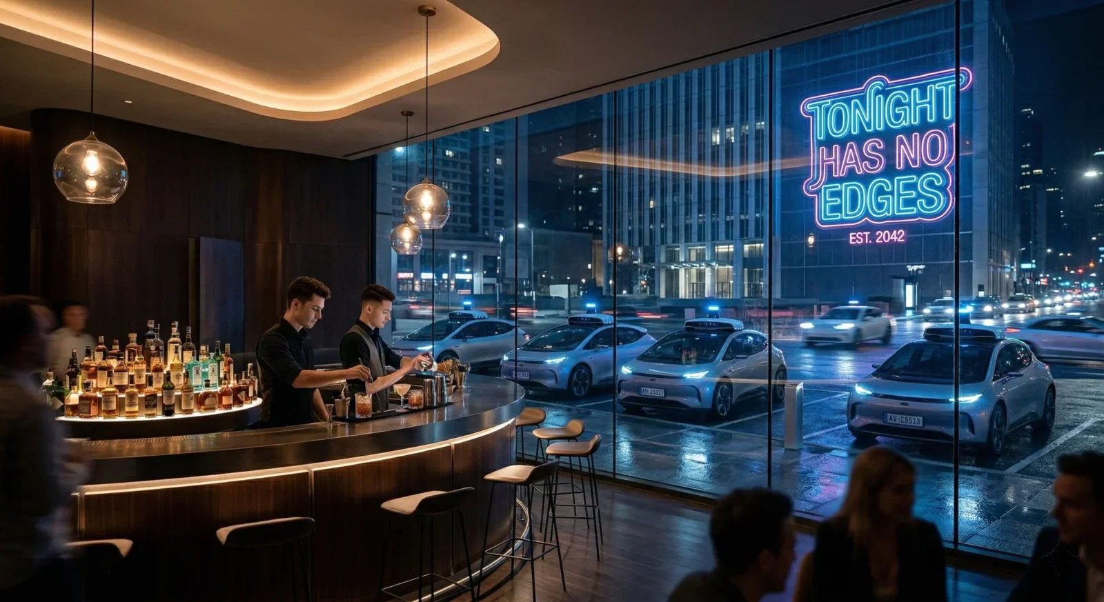 A sleek dimly lit bar with no visible drink limits signage, autonomous vehicles visible through floor-to-ceiling windows