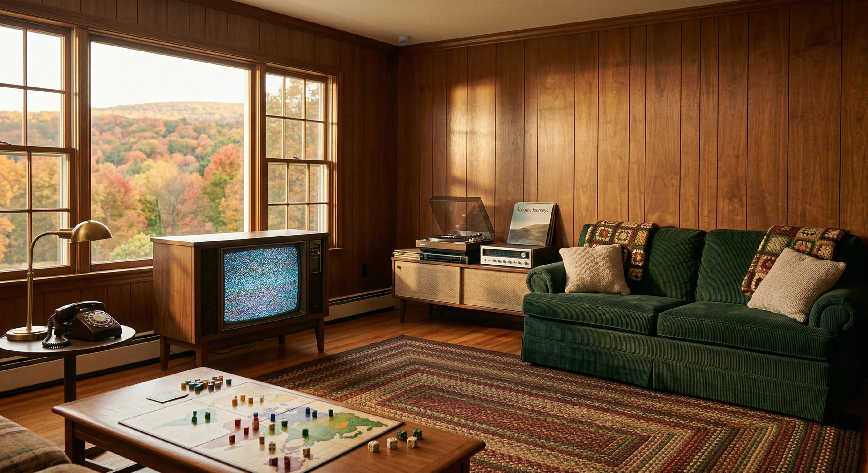 A cozy late-1980s American living room in warm afternoon light, with a wood-paneled console television, turntable, rotary phone, and Hudson Valley autumn landscape visible through the window