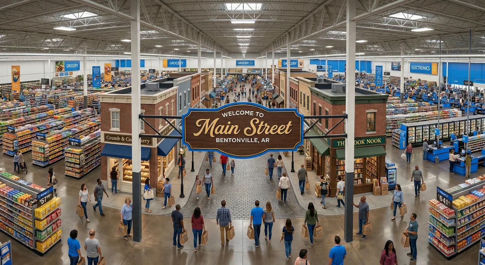 A charming small-town main street recreated inside a warehouse, with a bakery, hardware store, and bookshop facades