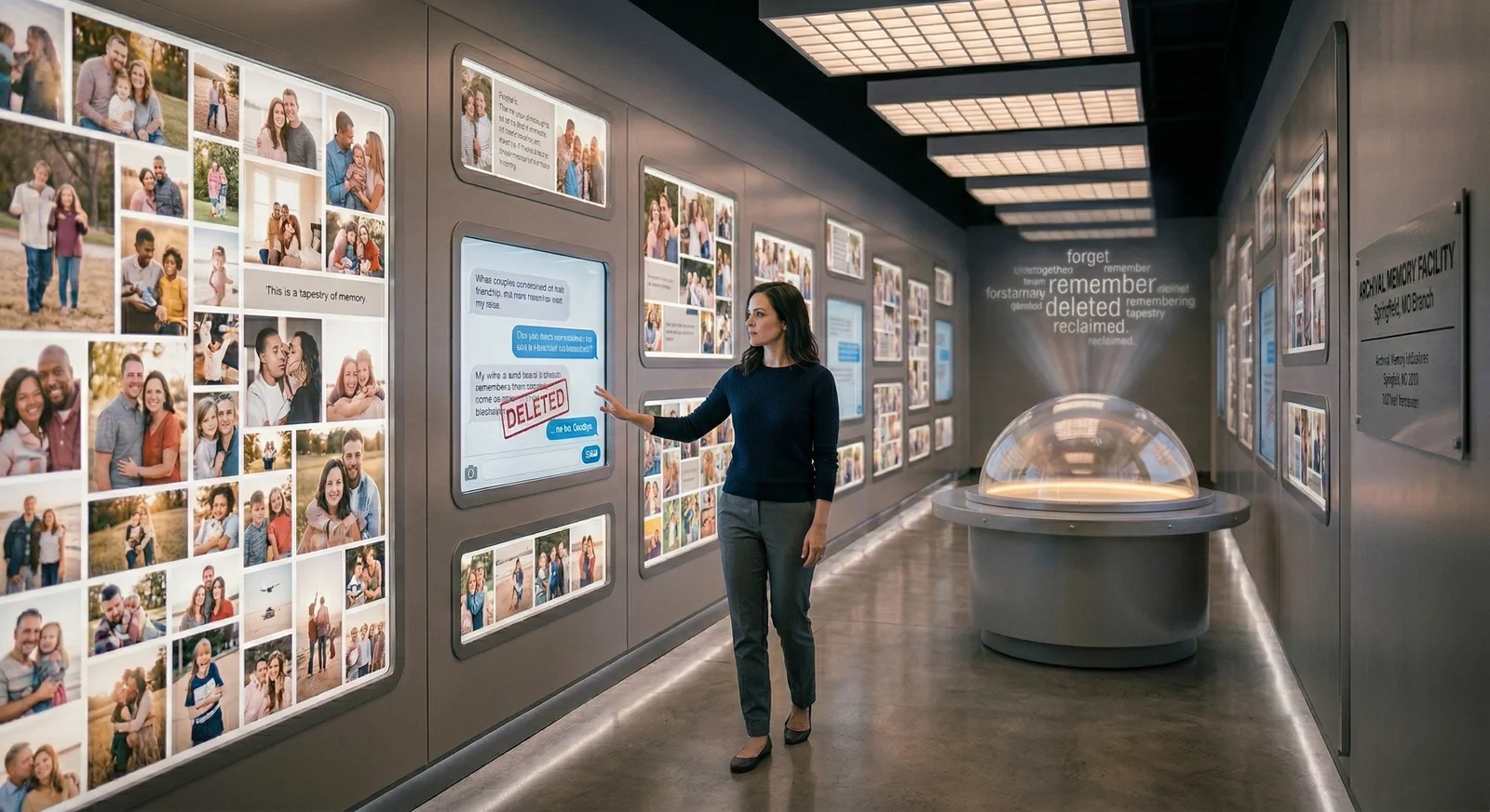 A long corridor of glowing screens showing personal photos, a single visitor walking through with their hand extended toward an image of a conversation they deleted years ago