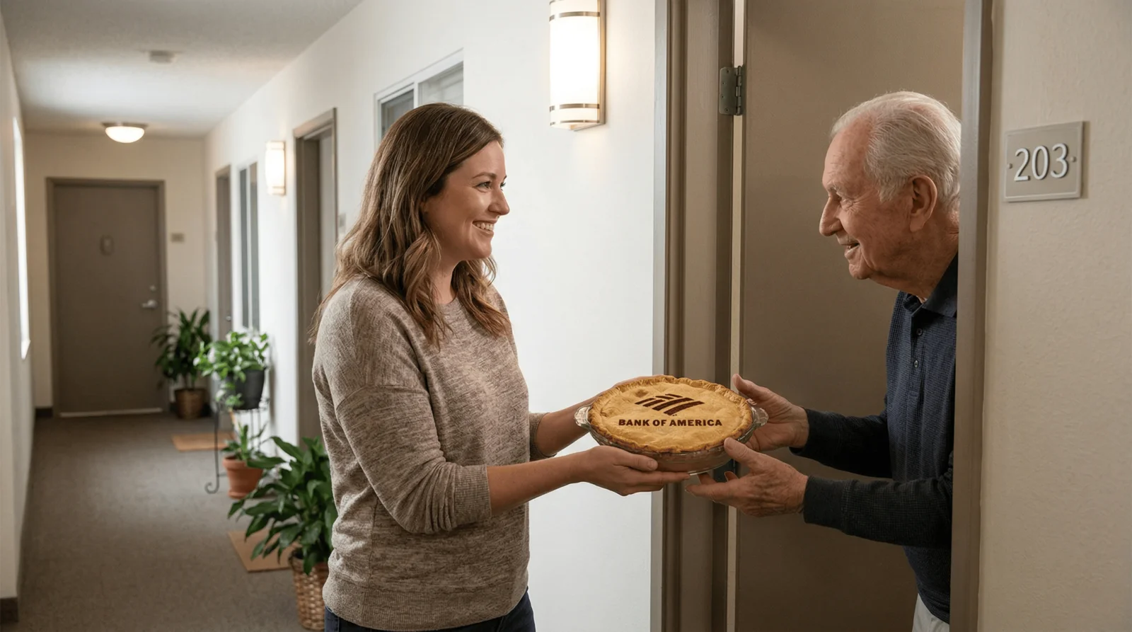 A friendly-looking person handing a casserole dish to a neighbor at an apartment door