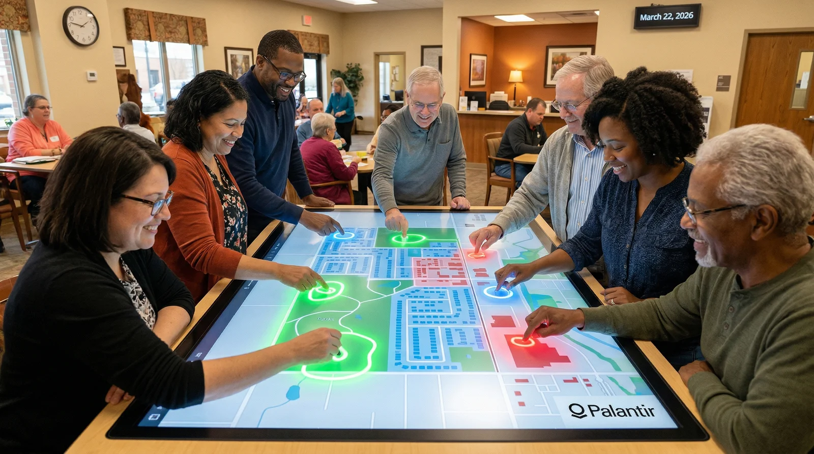 A community center with residents drawing on a large digital map, color-coded zones glowing beneath their fingertips