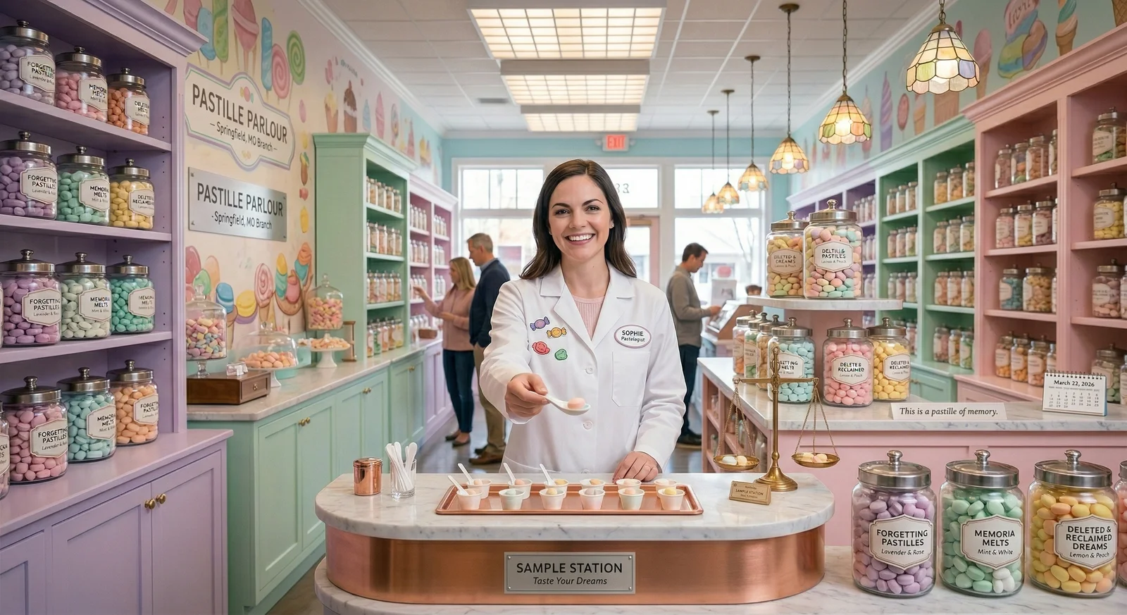 A whimsical candy shop interior with pastel shelving displaying pill-shaped confections in glass jars