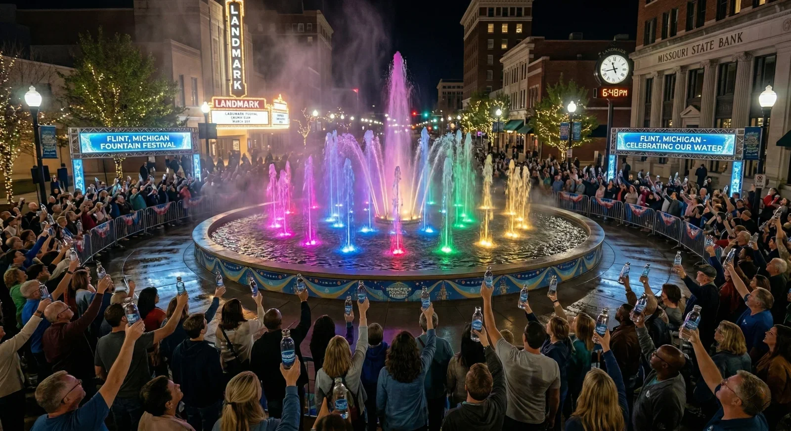 A choreographed water fountain show in a public plaza, branded water bottles arranged in the foreground