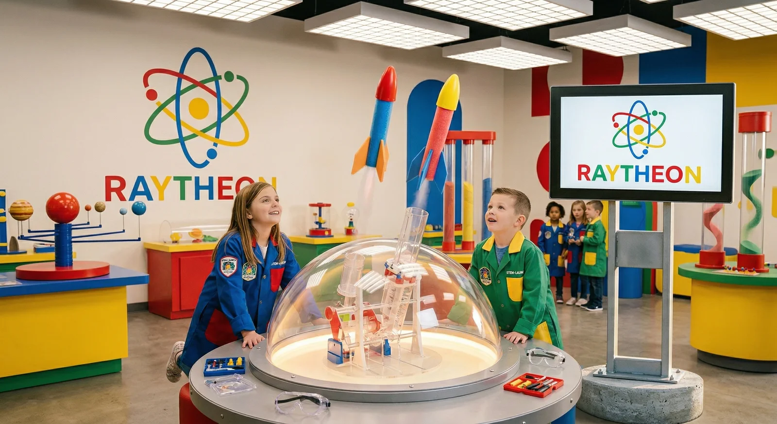 Children in colorful lab coats launching foam rockets in a brightly lit pop-up space