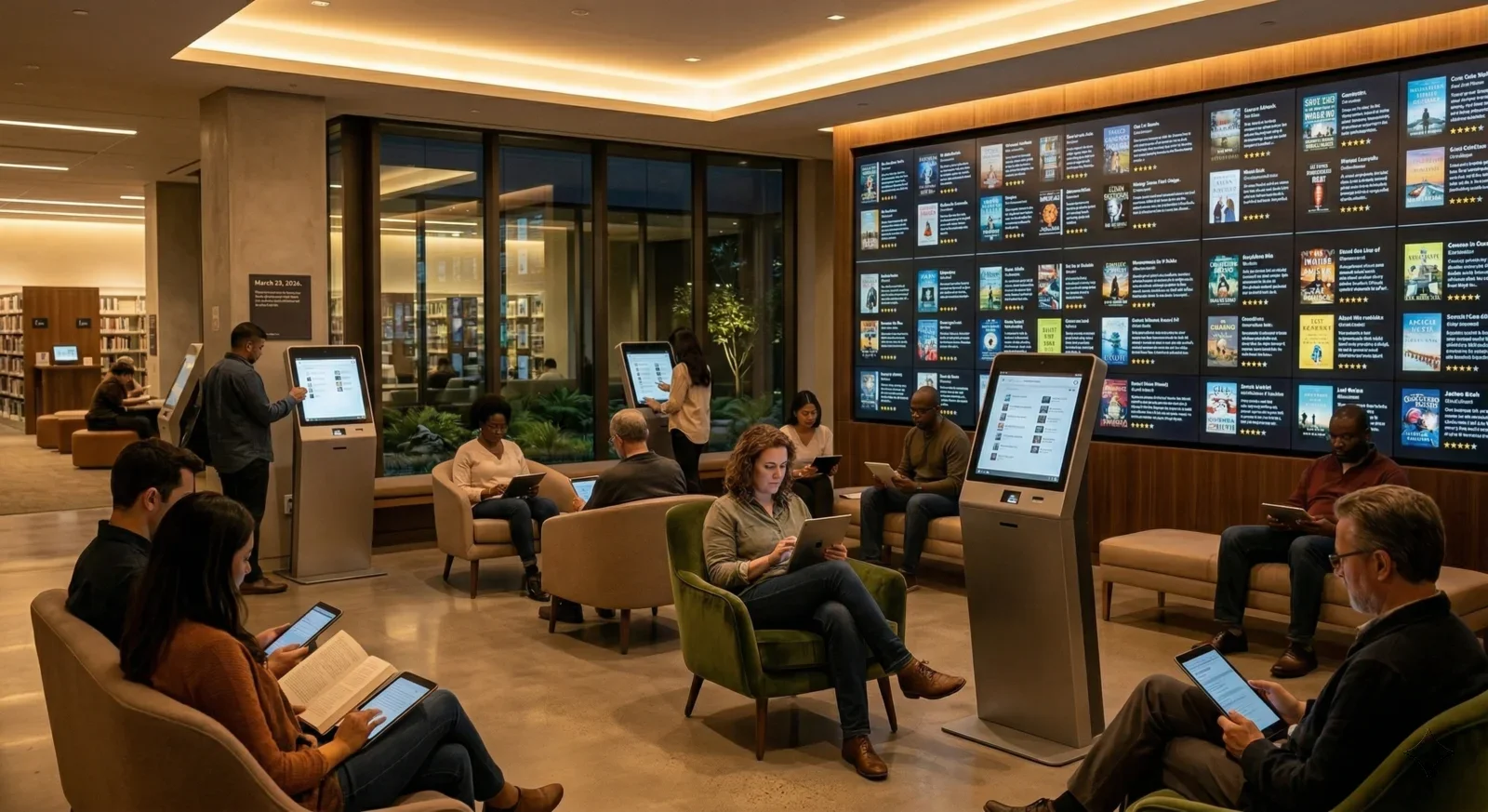 A warmly lit library reading lounge with sleek digital kiosks and a curated book recommendations wall