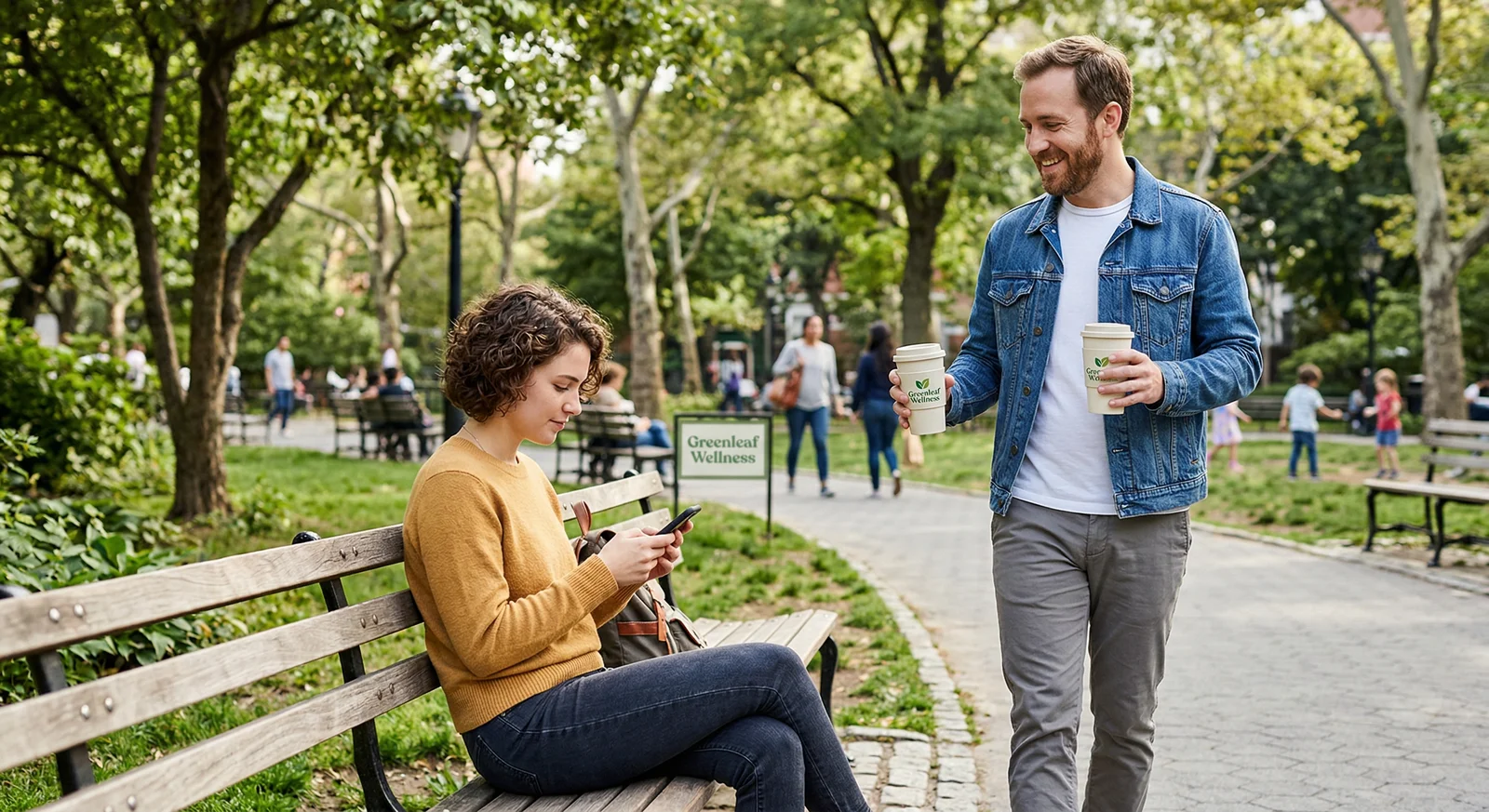 A person sitting alone on a park bench looking at their phone, a friendly stranger approaching with two coffees