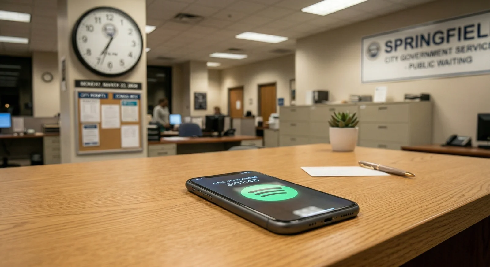 A person on hold on their phone in a government office waiting room, a wall clock visible above