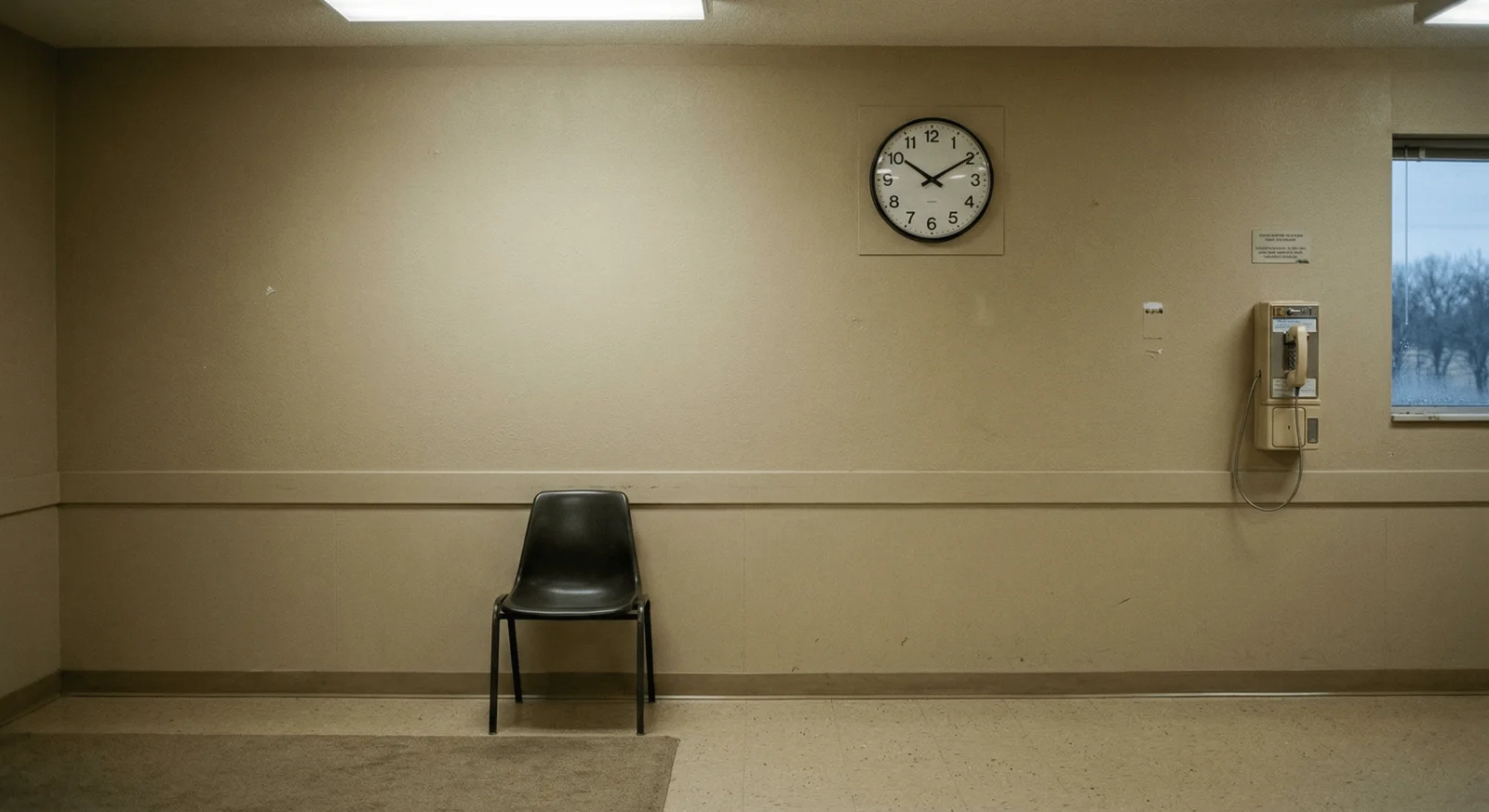 A sterile beige waiting room with a single plastic chair, a disconnected phone on the wall, and a clock that appears to have stopped
