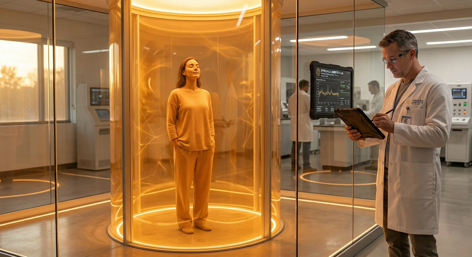 A person standing inside a glowing cylindrical chamber bathed in warm amber light, eyes closed in apparent bliss