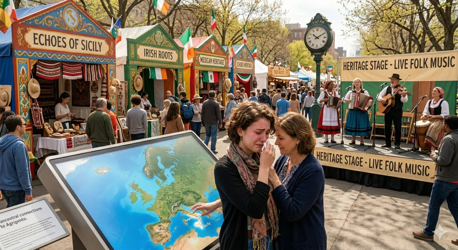 A sunlit outdoor festival with colorful heritage pavilions, a visitor viewing their ancestral region on a large illuminated map
