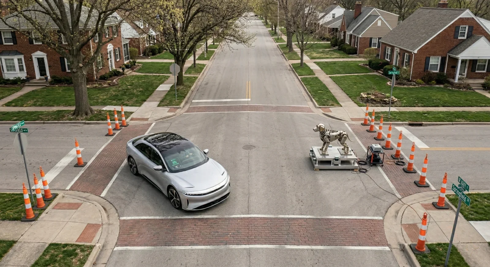 A luxury driving course with mannequins in crosswalks, a sleek EV approaching at speed